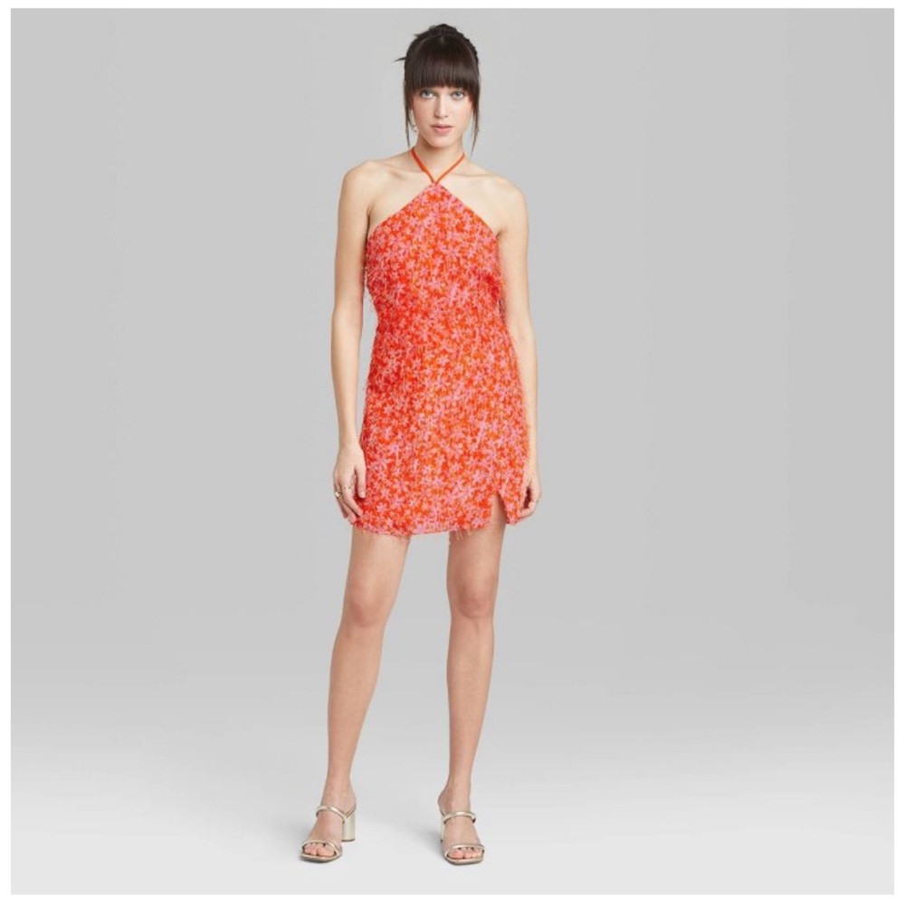 Halter Neck Neon Floral Fuzz Dress